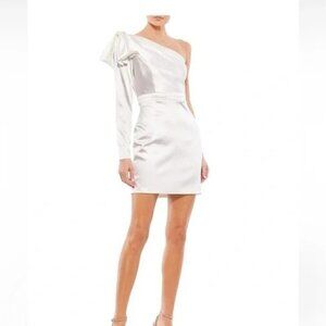 MAC DUGGAL One Shoulder Long Sleeve Satin Cocktail White Mini Dress Size 2 Stret